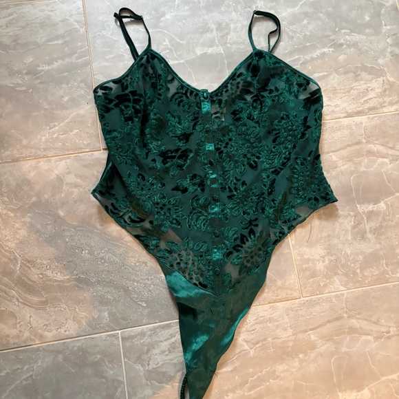 Vtg Lingerie Cacique Silver Label Satin Velour Sheer Bodysuit Green Sz L Sexy - Picture 5 of 10